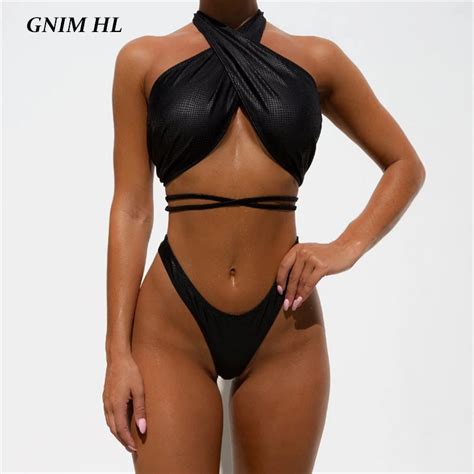 Gnim Verband Brasilianische Badeanzug Frauen Zwei St Ck Pu Leder Bikini Mujer Sexy Tanga