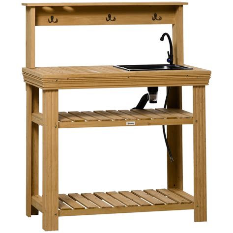 Outsunny Outdoor Potting Bench Table With Faucet Removable Sink Hooks