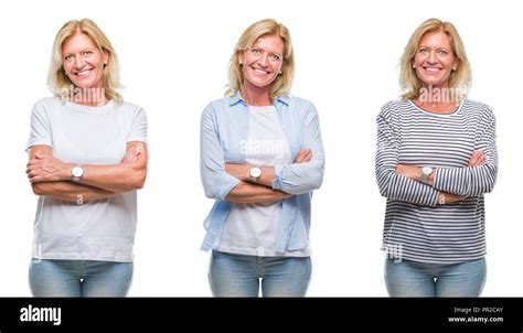 Collage Of Beautiful Middle Age Blonde Woman Over White Isolated Backgroud Happy Face Smiling