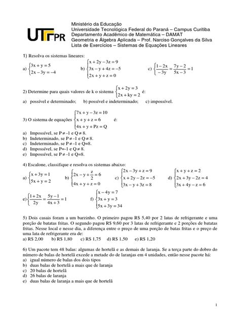Lista de Exercícios - Sistemas Lineares | PDF | Sistema de equações ...