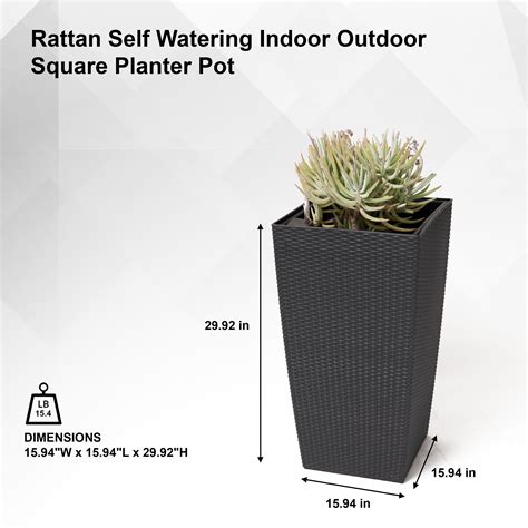 Xbrand Large Exterior Patio Rattan Self Watering Indoor Outdoor Square Planter Pot Black 30 H