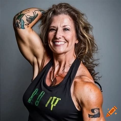 Portrait Of A Mature Female Bodybuilder In Sleeveless Army Uniform On Craiyon