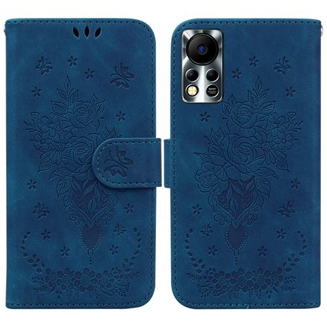 For Infinix Hot 11s NFC X6812B Butterfly Rose Embossed Leather Phone Case Blue Alexnld