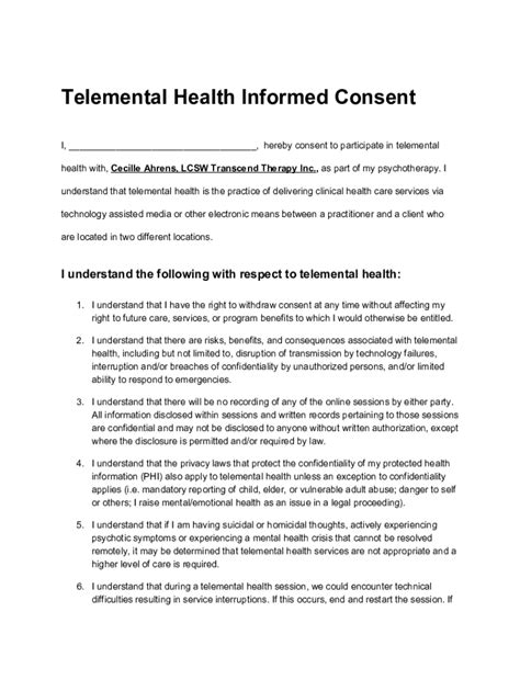 Fillable Online Transcend Therapy Tele Health Consent Form Master