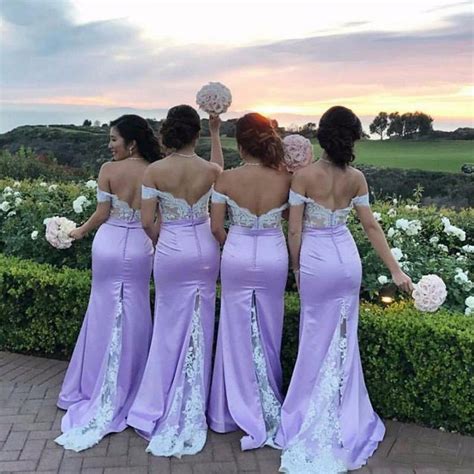 Elegant Lavender Mermaid Bridesmaid Dresses White Lace Off Shoulder