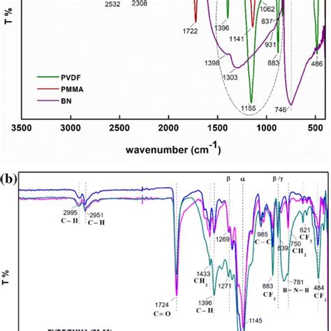 Ftir Spectrum Of Pure A Pvdf Pmma H Bn Powders And B Pvdf Pmma 1 Wt Download Scientific