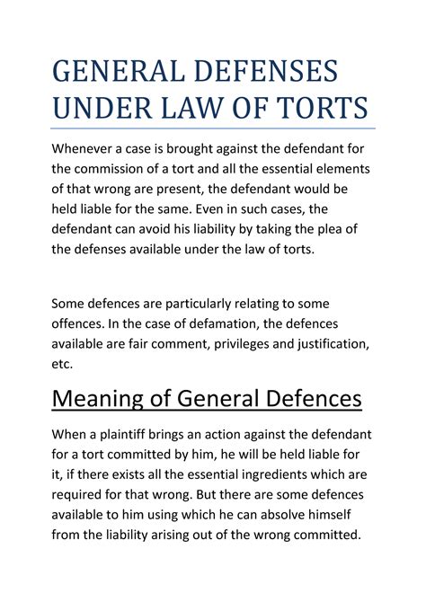 TORT General Defences Under TORT LAW BEST Notes FOR Exams GENERAL