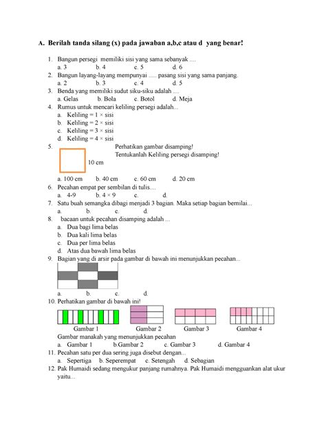 Soal Matematika Kelas Revisi A Berilah Tanda Silang X Pada