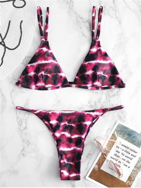 Off Tie Dye String Bikini Set In Medium Violet Red Zaful