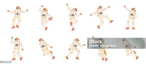 Dancing Astronauts Flying And Floating In Air Cosmonauts In Space Suits