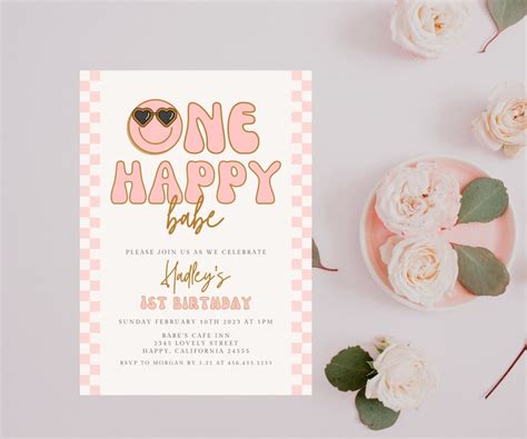 Editable One Happy Babe Retro Smiley Face Birthday Invitation Etsy