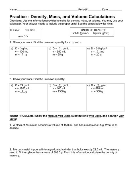 Density Calculations Worksheet 1