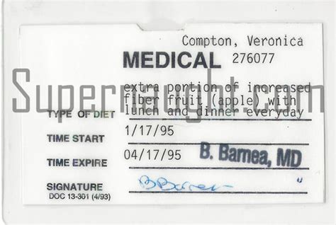 Veronica Compton 1995 Prison Medical Diet Pass | Supernaught