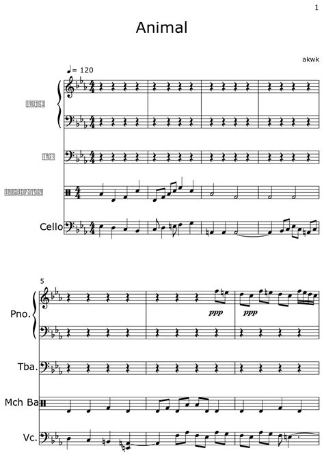 Animal Sheet Music For Piano Tuba Marching Bass Drums Cello
