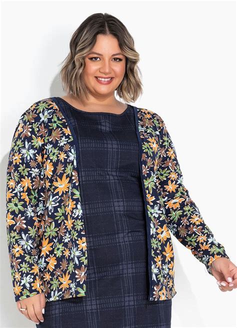 Cardigan Floral Azul Frente Aberta Plus Size Marguerite