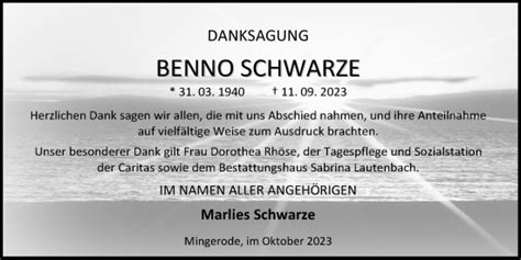 Traueranzeigen Von Benno Schwarze Trauer Anzeigen De