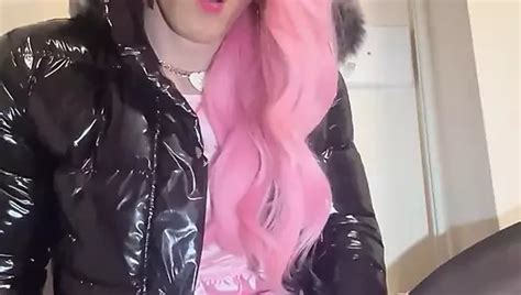 Jess Silk Riding Dildo In Long Sleeve Pink Satin Dress And Black Jacket