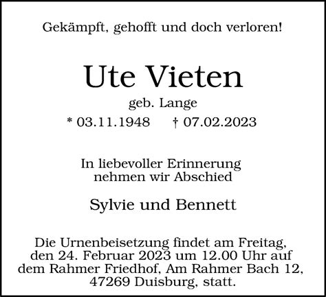 Traueranzeigen Von Ute Vieten Trauer In NRW De
