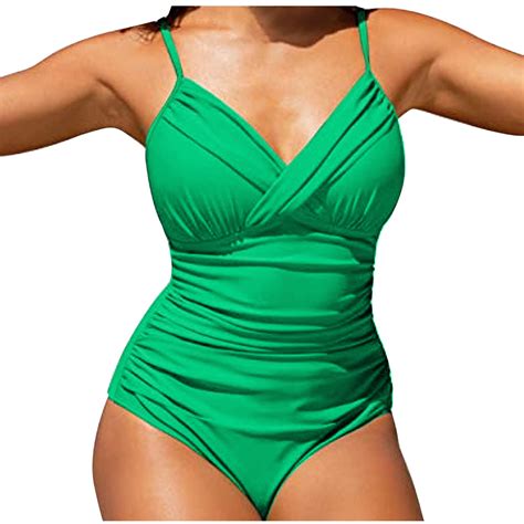 Tejiojio Women Sexy Solid With Chest Pad Without Underwire Bikini Deep V One Piece Swimsuit
