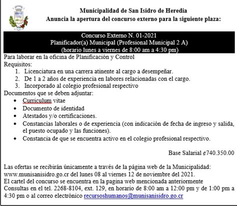 Municipalidad De San Isidro De Heredia Concurso Externo 001 2021