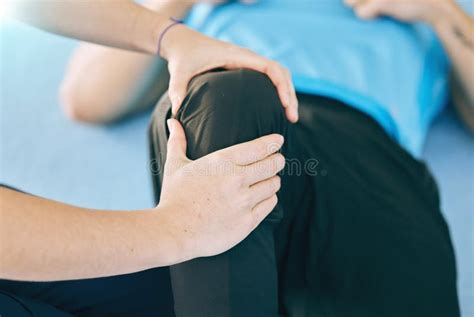 Knee Pain Physiotherapy And Hands Of Coach With Man For Performance