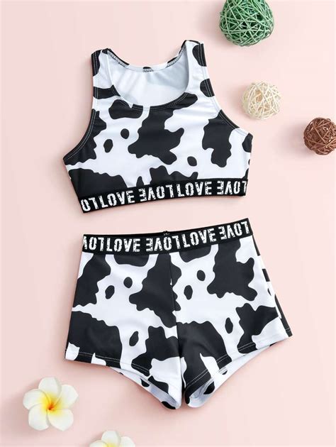 Conjunto De Bikini Con Estampado De Vaca Y Cinta De Letras Para Ni A Preadolescente Para Playa