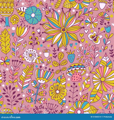 Vector Seamless Pattern, Doodling Design. Hand Draw Flowers And Leafs. Kids Illustration, Cute ...