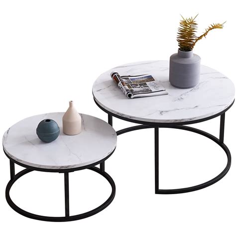 2 Piece Set Nesting Round Coffee Table Modern Unique Design Overlapping End Table