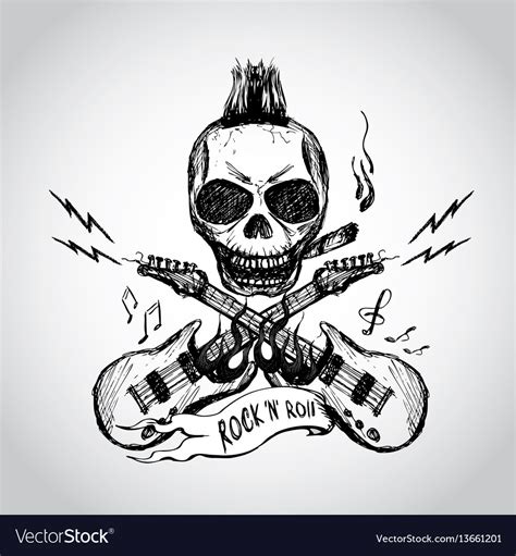 Rock And Roll Skull Guitar Hand Drawing Royalty Free Vector