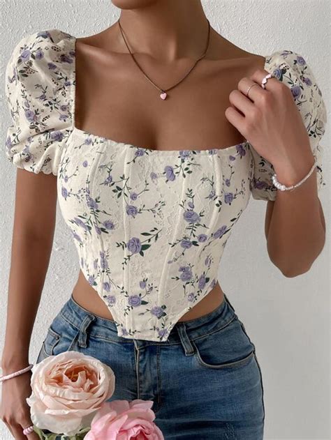 SHEIN LUNE Blusa Con Estampado Floral De Cuello Cuadrado De Manga Farol