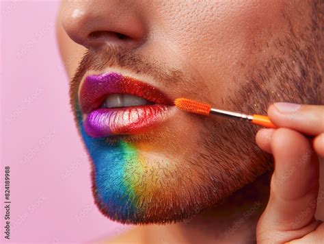 Gay maquillándose los labios y cara con colores de la bandera gay Concepto de orgullo gay