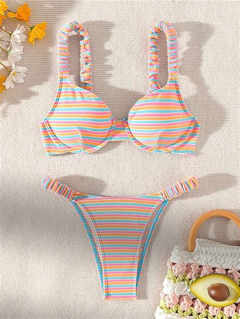 Shein Swim Conjunto De Mai Bikini Sexy Feminino Listrado Colorido De Ver O Para Praia Shein