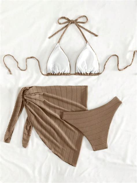 Summer Beach Plain Halter Triangle Bra Swim Bottom Bikini Set With Beach Cover Up Skirt