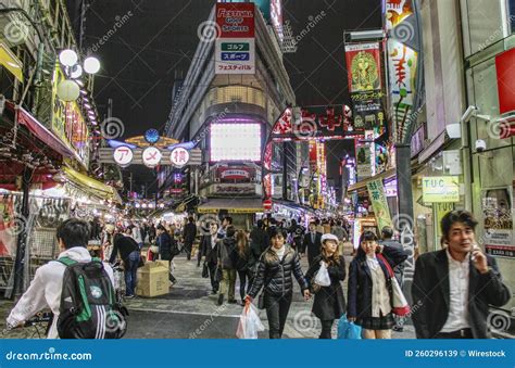 Busy Crowded Ameyoko Shopping Street At Night Near Ueno Station In