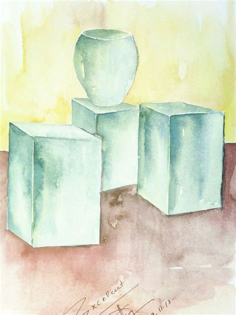 A Watercolor Painting Of Three Cubes And A Vase