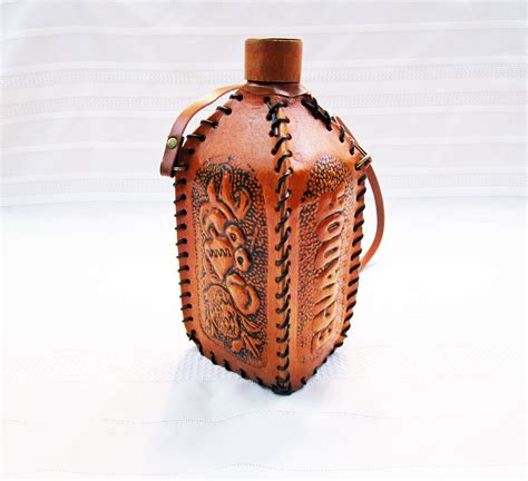 Vintage Ecuador Souvenir Decanter Canteen Hand Tooled Leather Covered