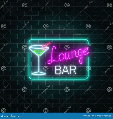 Neon Cocktails Bar Sign On Dark Brick Wall Background Glowing Gas Advertising With Glasses Of