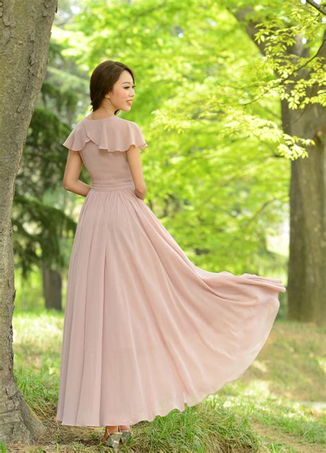 Duchess Fashion Malaysia Online Clothes Shopping Elegant Nude Pink Chiffon Long Dress
