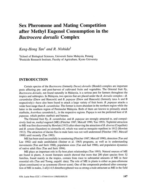 PDF Sex Pheromone And Mating Competition After Methyl Eugenol Consumption In The Bactrocera