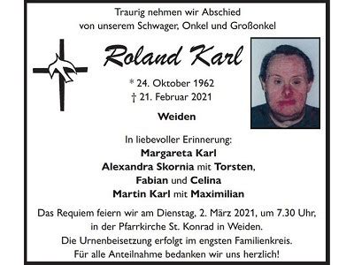 Traueranzeige Roland Karl Weiden OberpfalzECHO