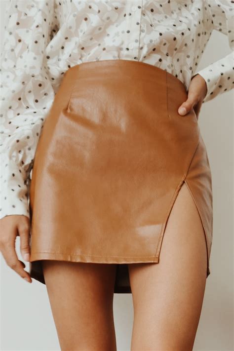 Sexy Vegan Leather Skirt Camel Mini Skirt High Waisted Skirt Lulus