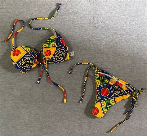Mixed Print Bikini Set Self Tie Bandeau Bra Thong Bottom Piece