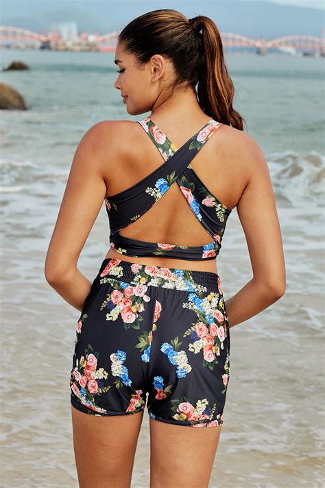 Black Floral Scoop Neck Sporty Bikini Top With High Waisted Boy Shorts Set