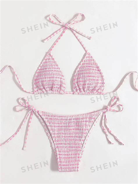 SHEIN Swim Mod Striped Bikini Set Smocked Triangle Bra Thong Bottom Piece Bathing Suit SHEIN