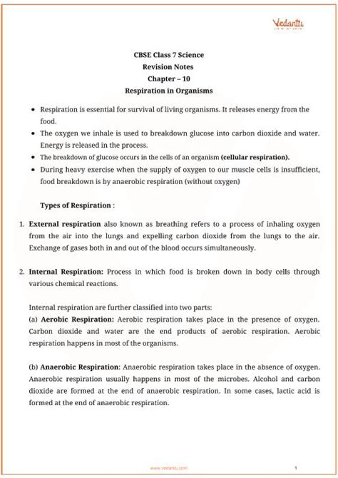 Respiration In Organisms Class 7 Notes Cbse Science Chapter 10 Pdf