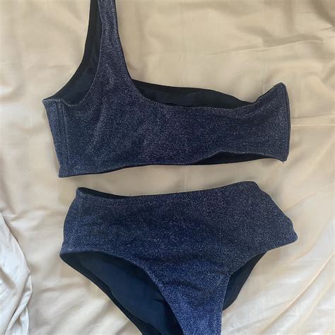 Navy Sparkly Triangle One Shoulder Bikini Set Depop