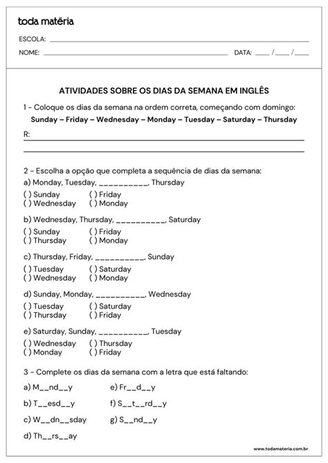 Exercicios Dos Dias Da Semana Em Ingles - Atividades sobre os dias da semana em inglês (days of the week) para ...