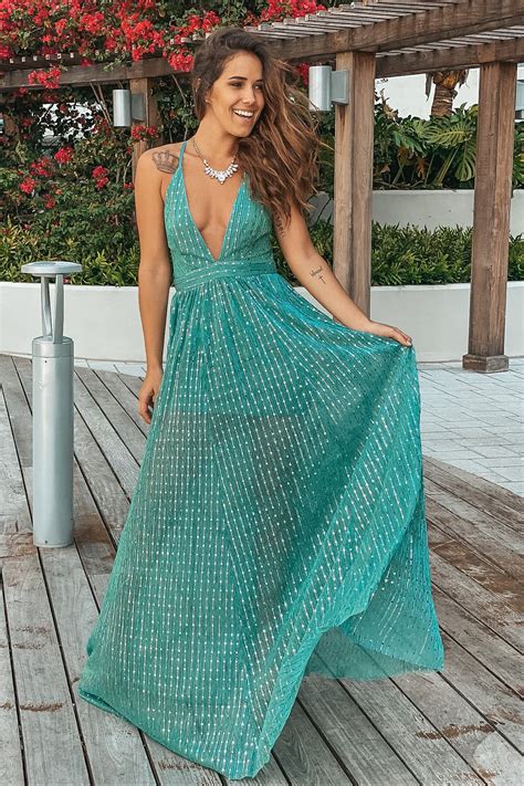 Seafoam Green Sequin Maxi Dress With Criss Cross Back Maxi Dresses