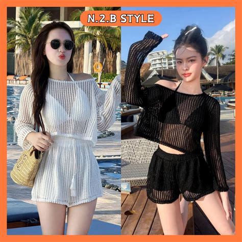 Set bikini đi biển món Áo bra có mút ngực phối áo khoác ngoài ren