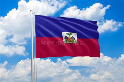 Haiti National Flag Waving In The Wind On Clouds Sky High Quality